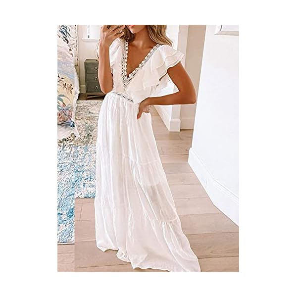 Bdcoco-Womens-V-Neck-Floral-Lace-Wedding-Dress-Short-Sleeve-Bridesmaid-Evening-Party-Maxi-Dress Bdcoco Womens Plunge V Neck Lace Maxi Dress Short Sleeve Cocktail Party Wedding Dresses White