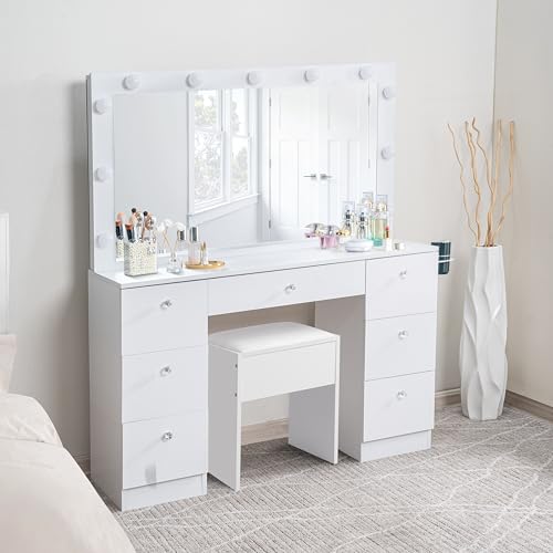 Naomi Home Vera Vanity Set – Makeup Desk with Mirror, 11 LED Lights, Adjustable Brightness & 3 Lighting Modes – Includes Chair and 7 Storage Drawers