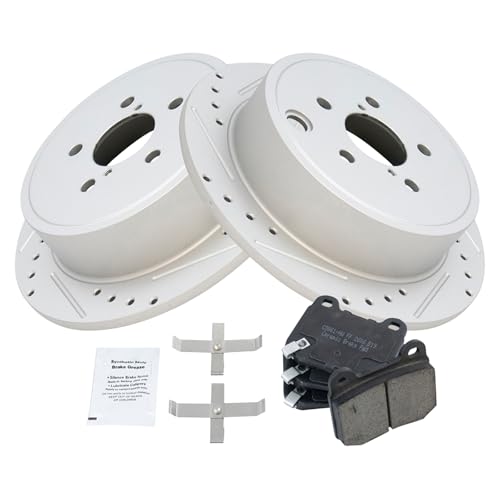 Image of TRQ Performance Rear Brake Pad and Rotor Set Ceramic Drilled Slotted G Coated Rotors Compatible with 2008-2014 Subaru Impreza