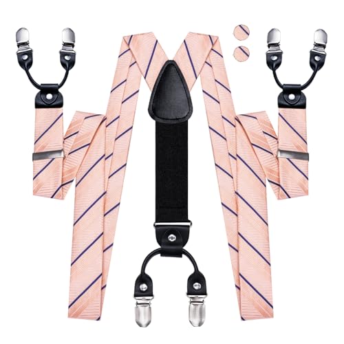 Image of Hi-Tie Men's Suspenders and Tie Set Silk Adjustable Elastic Y Braces with Strong 6 Clips Pocket Square Set