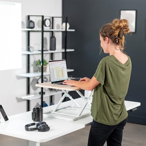 Image of VIVO Ultra-Slim Single Top Height Adjustable Standing Desk Riser, Compact Sit Stand Desktop Converter for Monitor or Laptop, Light Wood, DESK-V001JF