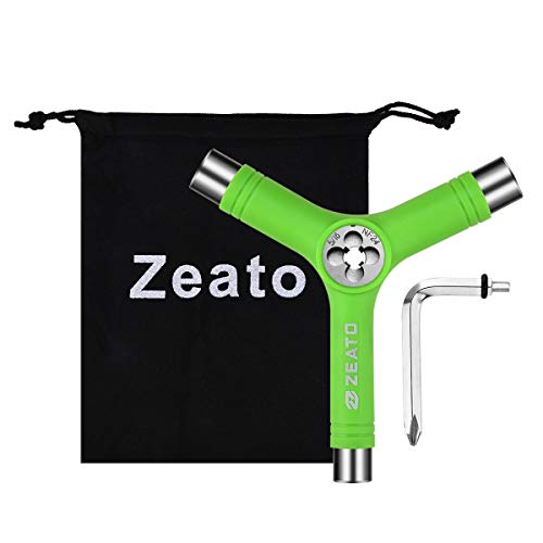 Zeato All-in-One Skate Tools Multi-Function Portable Skateboard Y Tool Accessory with Y-Type Allen Key and L-Type Phillips Head Wrench Screwdriver - Green