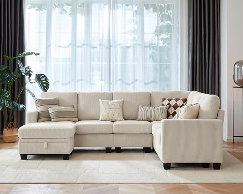 Image of CHIC HOUSE Modular Corner Sectional Sofa with Storage Ottoman, Corduroy L-Shaped Couch, Compact Small Space Furniture for Living Room & Apartment, (Beige, 7 Seater L-Shaped)