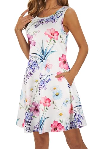 Image of Summer Dresses for Women 2026 Casual Sundresses Beach Cover Ups Sleeveless Tshirt Swing Dress with Pockets