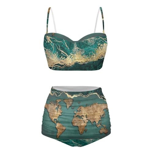 JEOCODY World Map Women High Waisted Bikini Set Sexy Swimsuit Two Piece Scoop Neck Cheeky Bathing Suit Spaghetti Strap Push Up Top with Bottom,Wolrd Map with Marble Print