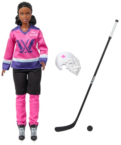 Barbie Tim Hortons PWHL - Muñeca de moda 2025 en rosa, incluye palo de hockey, disco y casco