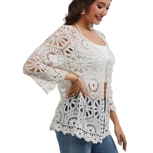 Women Floral Crochet Cardigan Lightweight Tie Front Hollow Out Long Sleeves Cover Lace Sweaters Shrug3