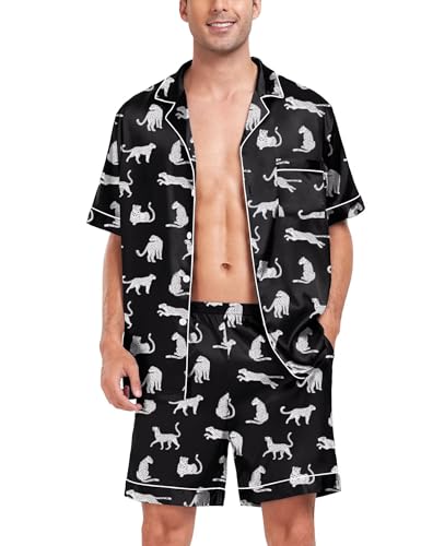 SWOMOG Men Satin Silk Pajamas Sets Short Sleeve Sleepwear Button-Down PJs Sets Two-Pieces Loungewear with Pockets Black Leopard Small