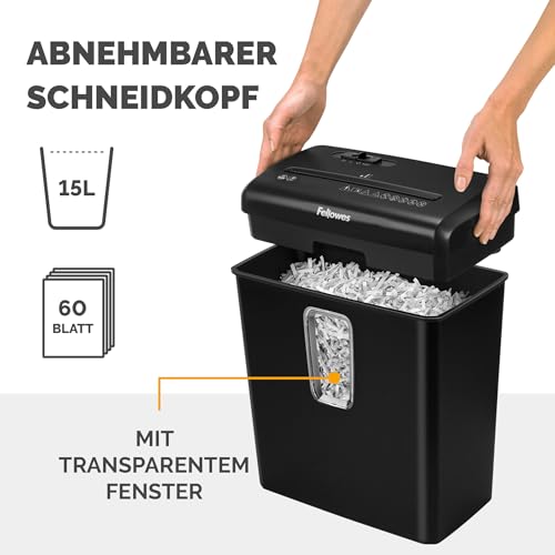 Fellowes Aktenvernichter 6 Blatt Partikelschnitt (P4), Papierschredder für Zuhause und Homeoffice, Powershred FS-6C, Schredder mit 15L Papierkorb, verarbeitet Kreditkarten, Heftklammern, schwarz.