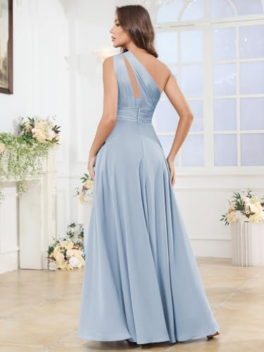 Chiffon Long Bridemaid Dresses Floral One Shoulder Ruffle Evening Gowns with Slit4