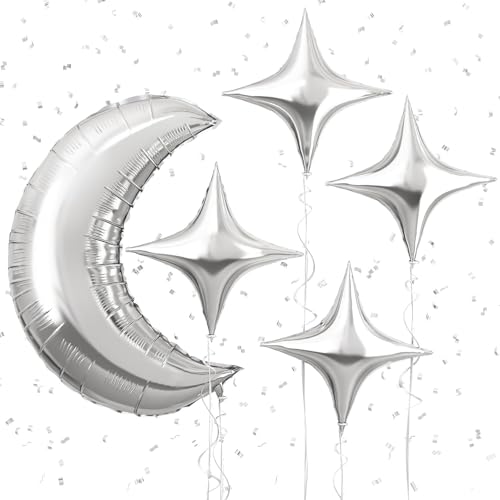 Image of Toys Treasure 5pcs Large 36 inch Metallic Moon + 18 inch Silver Star Foil Balloons - Birthday Graduation New Year Party (Silver Moon Star 5pcs)