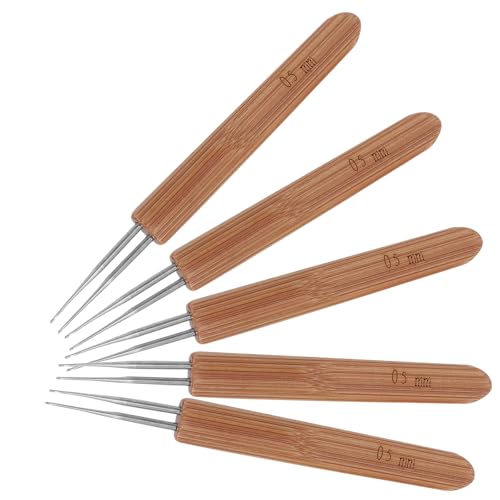 JOYOFREELY 5 Agujas de Crochet para Rastas de 0,5 Mm Doble Punta Mango de Bambú, Herramienta Ligera para Tejer Cabello y Manualidades, Kit Portátil para Peluquería y Entrelazado de
