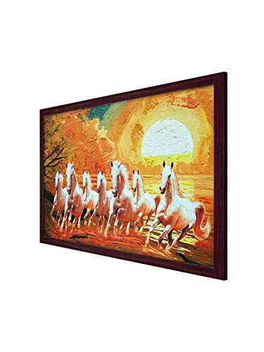 Image of 999STORE Printed Seven White Running Horses Painting Wall Art with Brown Frame (Canvas 18X30 Inches Multi) BRFLP18300071