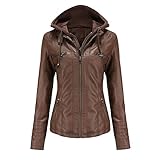 Damen Lederjacke,Damen Kunstlederjacke Dunkelbraun Abnehmbare Kapuze Stehkragen Druckknopf Doppelreißverschluss Vintage Langarm Kurz Slim Fit Moto Biker Pu Mantel Bomber Motorrad Outwear Frühling