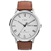 Timex Men’s Waterbury Classic Day-Date 40mm Watch – Silver-Tone Case White Dial with Caramel Genuine Leather Strap
