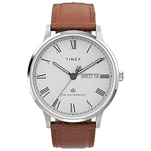 Timex Men’s Waterbury Classic Day-Date 40mm Watch – Silver-Tone Case White Dial with Caramel Genuine Leather Strap