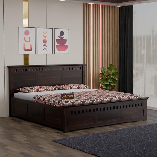 Image of Solid Sheesham Wood King Size Bed with Storage Box | Wooden Double Bed for Bedroom | Kuber Design Double Bed Cot Palang for Home | Rosewood, Walnut Finish