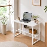 牧小苫＼ｍｓｍｒ デスク 机 パソコンデスク pc つくえ シンプル 学習机 コンパクトデスク モニターアーム取付対応 組立簡単 テレワーク (ホワイト, 収納棚あり（80×37cm))