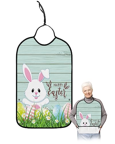 Kewadony Adult Bibs for Elderly Women - Spring Easter Bunny Waterproof Dining Clothing Protectors with Crumb Catcher for Eating/Feeding, Watercolor Daisy and Eggs on Grass Teal Wood Terry Cloth Bib