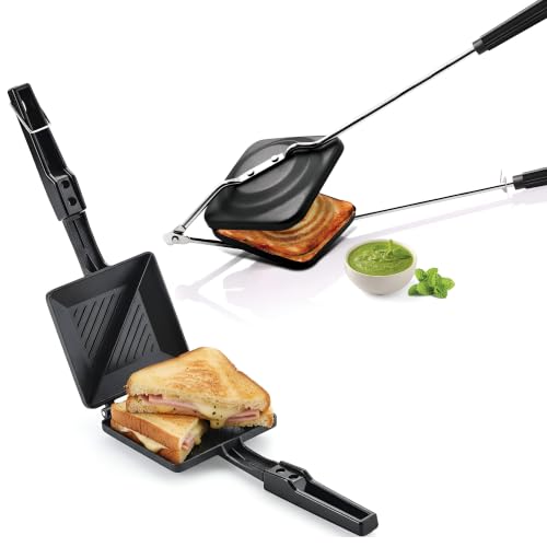 Image of Classic Gas Sandwich Toaster Combo Pack, Non-Stick Aluminum Sandwich Maker (2 Slice Cut) + Long Handle Pop-Up Bread Toaster, Flame-Proof Design, Heat-Resistant Handle, Gas Stove Compatible