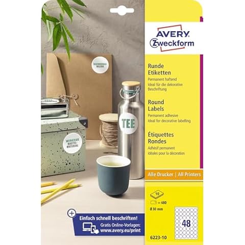 AVERY Zweckform 6223-10 okrągłych etykiet (480 punktów samoprzylepnych, Ø 30 mm na A4, okrągłe naklejki do drukowania, samoprzylepne etykiety na produkty, permanentne samoprzylepne etykiety dżemowe),