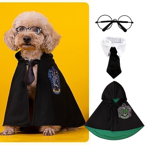Disfraz de Halloween para perro, vestido de cosplay de mago con capa de bruja, corbatín y gafas, ropa de fiesta para mascotas para perros pequeños,