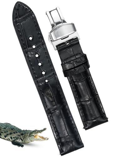 21mm Black Alligator Belly Leather Watch Band Deployment Clasp Men Quick Release Crocodile Exotic Replacement Wristwatch Strap Premium Handmade DH-01D-S-21MM