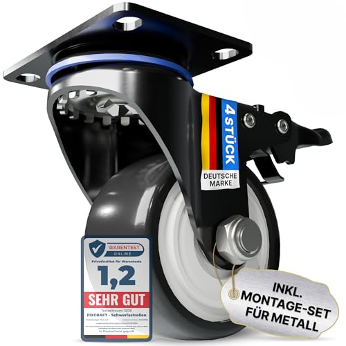 FIXCRAFT® 4 Schwerlastrollen mit Bremse [50mm] für bis zu 200kg Gesamtlast I Ideal als Transportrollen, Möbelrollen oder für die Werkstatt I Rostfreie Rollen I Montage-Set (Metall)