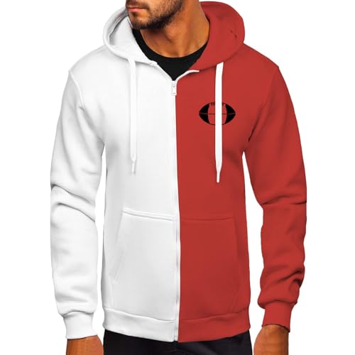 Color Block Hoodie Plus Size Men Long Sleeve Zipper Sweatshirt Football Print Casual Trendy Hooded Tops For Rugby-Fans