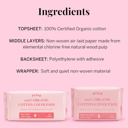 Image of Pixie Organic Cotton Ultra Thin Pads with Wings for Women - Leak-Proof & Moisture-Wicking for Feminine Care - Compostable, Unscented Menstrual Pads - Regular Absorbency - 24 Count