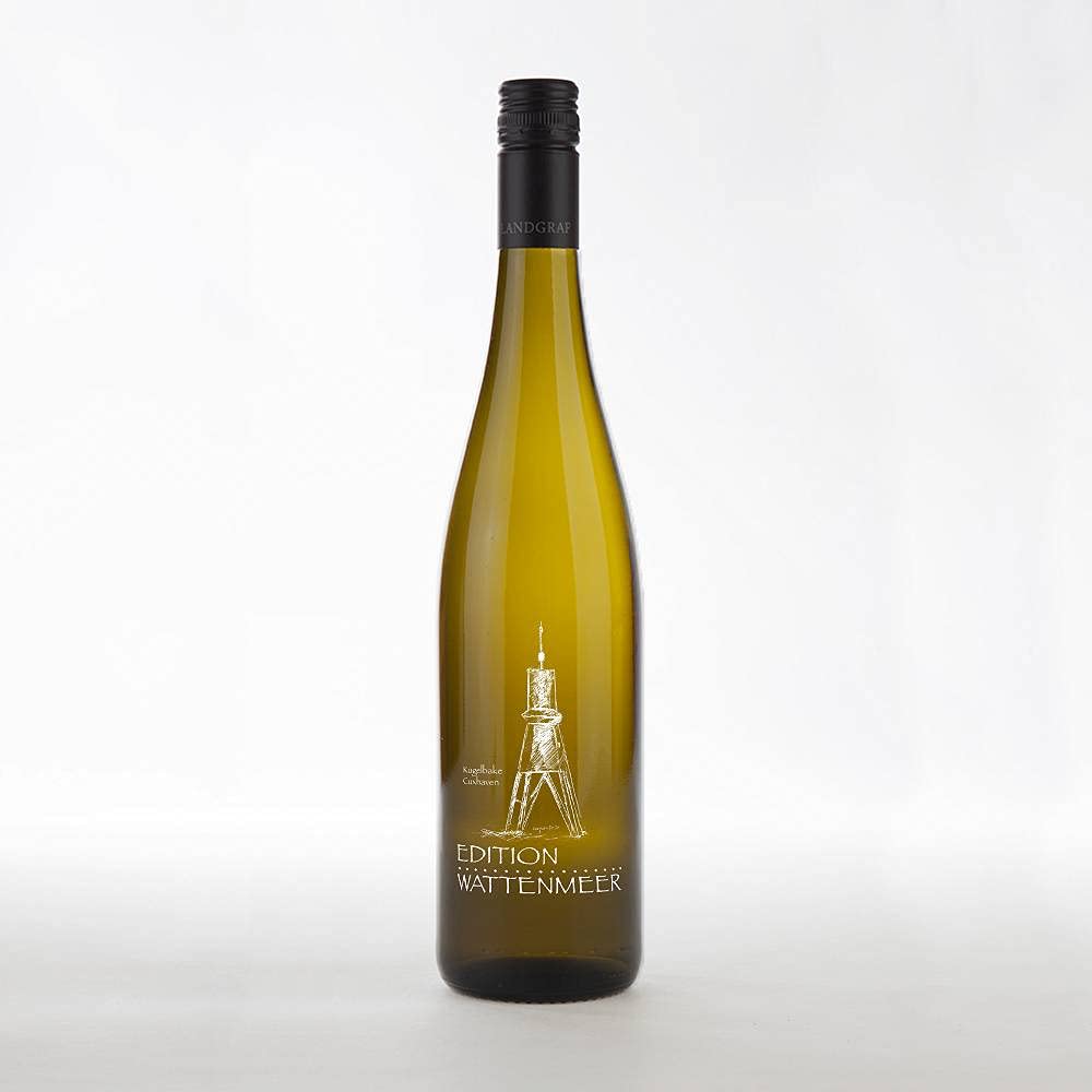 Edition Wattenmeer, Motiv: Kugelbake Cuxhaven, Weißburgunder aus Rheinhessen in Gravur-Flasche