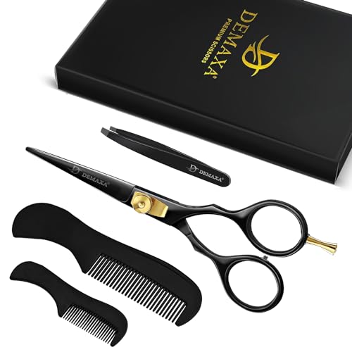 Image of Mustache Scissors Beard Scissors for men with Beard Mustache Comb DEMAXA 5.5 inch Rust-Free Professionally Sharpened for Precision Trimming with Tweezers, Premium Black Beard Shears moustache scissors men