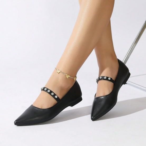 Women's Leather Rhinestones Strappy Flat Pumps Casual Pointed Toe Comfortable Slip On Walking Mary Jane Shoes for Commuting Work Daily4