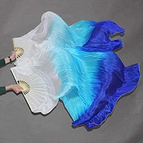 Leemiman Women 1.8 m Long Belly Dance 100% Silk Bamboo Fan Veils 1 Pair(L+R) (White turquoise blue), 180*90cm - Image 3