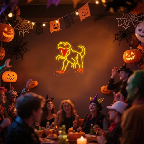 Image of Dinosaur Neon Wall Light - Gold T-Rex LED Decor for Man Cave, Game Room, Dinosaur Party, Gifts for Men /Teens, 14.5x13.6 inch USB Powered