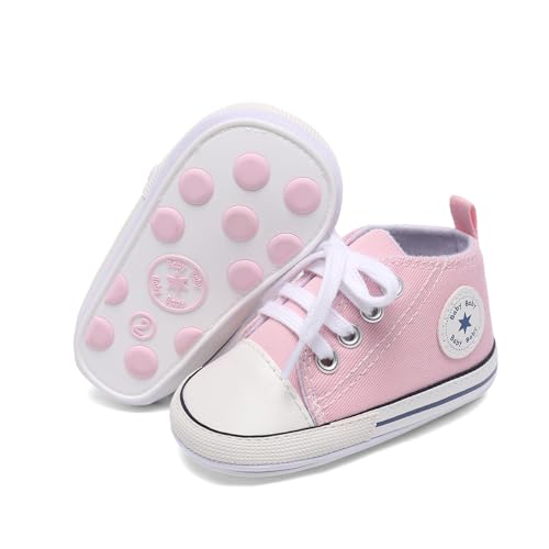 Image of Unisex Baby Girls Boys Canvas High-top Shoes, Newborn Infant Anti-Slip Soft Sole Frist Walking Breathable Sneakers