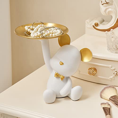 Fjs Cute Bear Storage Tray Statue Table Decorations For Living Room, Bear Statues For Home Decor Bookshelf Decor, Key Bowl For Entryway Table Lipsticks Jewelry Earrings Tray (White) #TOP3