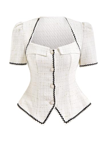 winkbay Womens Puff Sleeve Tweed Tops Elegant Button Down Business Casual Blouse White Small