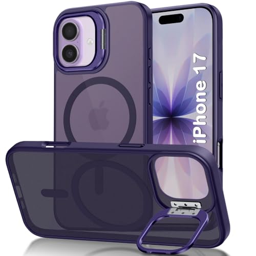Image of TheGiftKart Hybrid Matte Frosted Back Cover Case for iPhone 17 Compatible with MagSafe | Built-in Stand | Shockproof Hard Back Cover Case for iPhone 17 (PC & TPU, Translucent Purple)