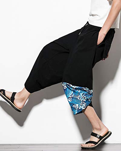 PRIJOUHE Men's Casual Wide Leg Baggy Harem Pant Lightweight Drop Crotch Summer Beach Linen Capri Pants4