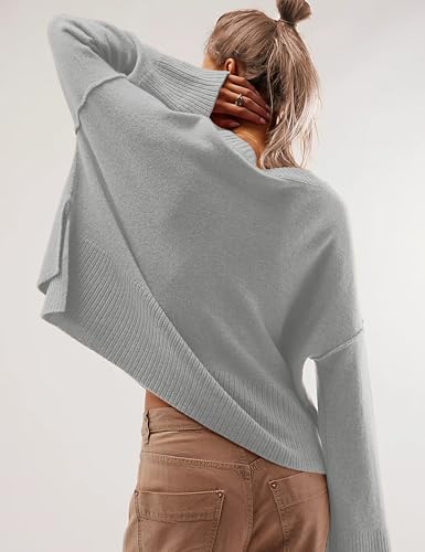 Image of Womens Lightweight Sweaters Crewneck Bell-Style Sleeve Batwing Knit Tops Slouchy Soft Pullover Jumpers(Grey02-X-Small)