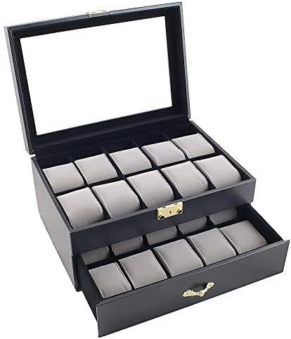 Caddy Bay Collection Black Classic Watch Case Display Box with Clear Glass Top Holds 20 Watches with Microfiber Cleaning Cloth