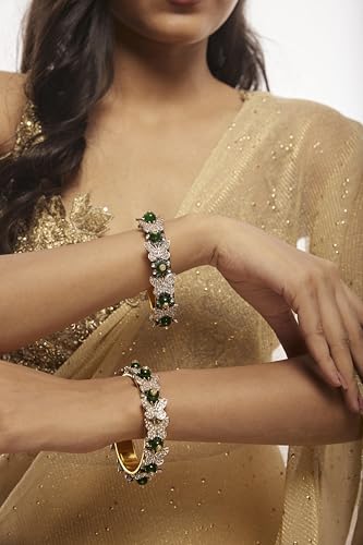 Image of LAVAZZA Stylish Butterfly Design Golden Metal with Zircon Diamond & Pearls Moti Bangles Kada For Women & Girls | Traditional Girl's Bangles Bracelet | Women's Kangan Wedding, Party-Set of 2