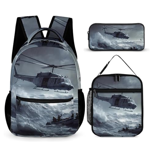 Helicopter Rescues at Sea Heavy Rain Travel Backpack Lunch Box Pencil Case 3Pcs Set for Men Women Office Outing University
