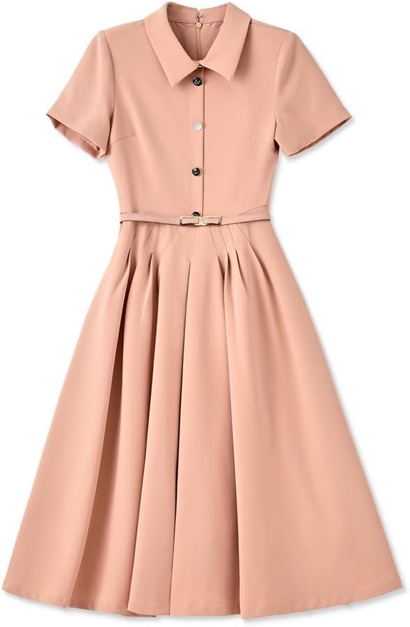 JSEIAJB Small Fragrant Wind Slim Waist and Large Swing Mid Length Dress(XL)
