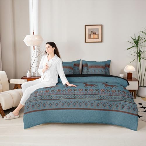 Image of Western Decor Horse Queen Comforter Set with Sheets | Boho Western 7 Piece Bedding Set Farmhouse Farm Animals Aztec Bed in a Bag,Southwestern Native Geometric Rustic Home Decor Horse Gifts for Girls