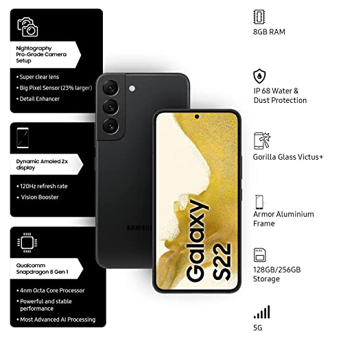 Image of Samsung Galaxy S22 5G (Phantom Black, 8GB, 128GB Storage) Without Offer