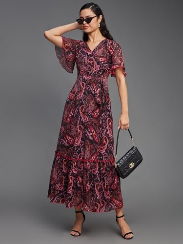 Image of Miss Chase Women's Multicolored-Base-Brown Relaxed Fit Maxi Lurex Chiffon Dress