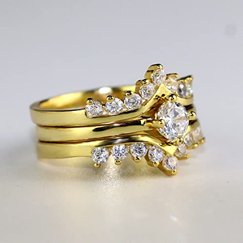 Yellow Gold Plated 3pcs Womens Wedding Ring Sets Bridal Sets Round Cz Engagement Ring Wedding Band3