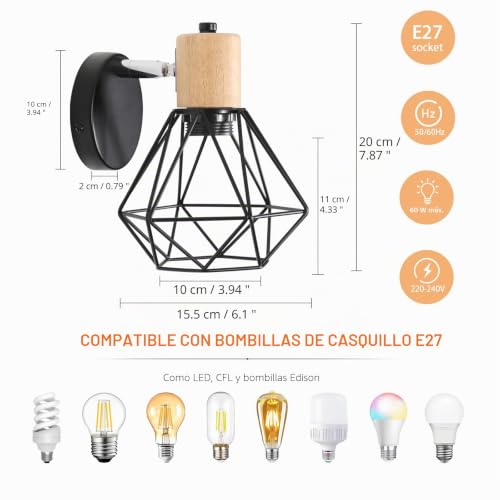 Aplique pared interior de madera con giro 360 grados Toolight negro E27 6